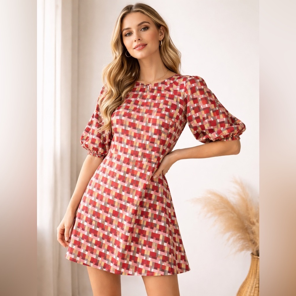 Traffic People Boho Geometric Mini Dress XS Retro Puff Sleeve A-Line summer